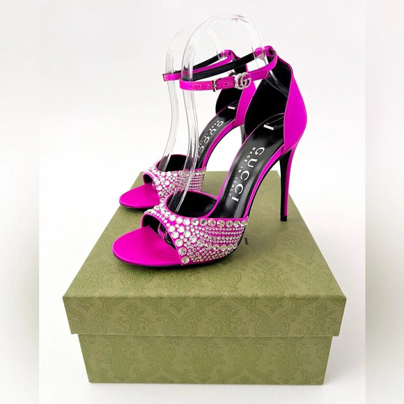 NEW GUCCI Crystal GG Embellished Hot Pink Fuchsia Satin Heel Sandal Ankle Strap - Picture 3 of 16